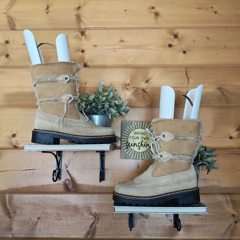 Blondo Shearling Mouton Sheep Boots Tan Brown Mid Winter Nubuck Suede Leather 7B